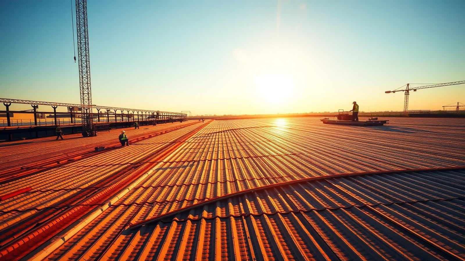 Cobertura industrial com telhas de fibrocimento sendo instalada ao pôr do sol